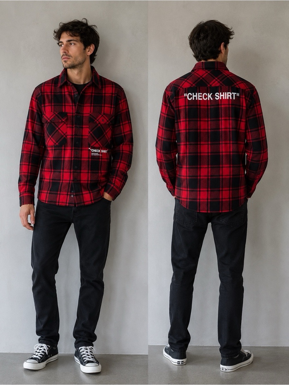 Off-White Shirt Men Medium Red Black Plaid Flannel Buttoned Down “Check Shirt”